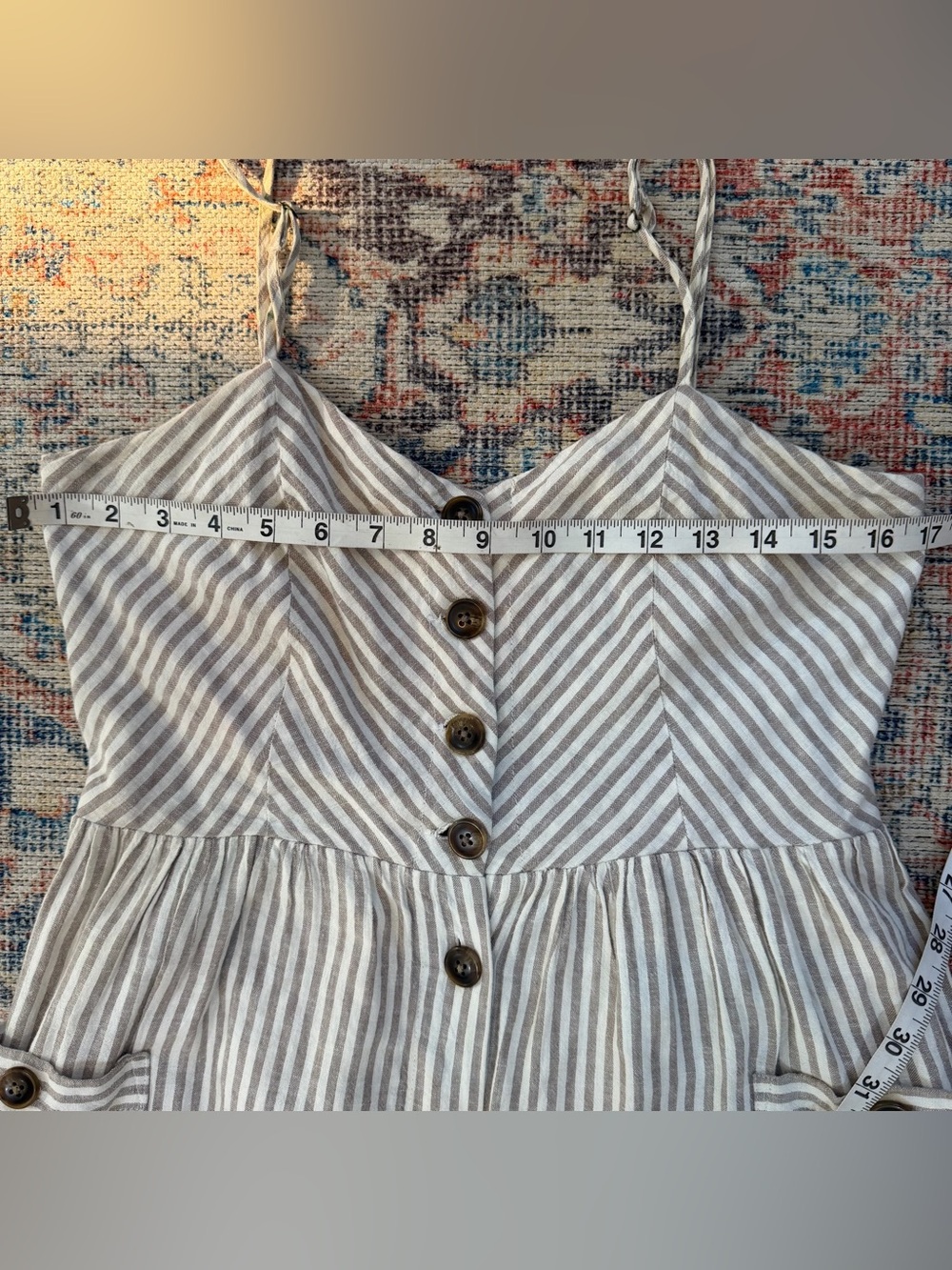 Sundress Midi Striped Linen Blend Dress Beige White Pockets Boho S Spring Summer - Picture 8 of 9